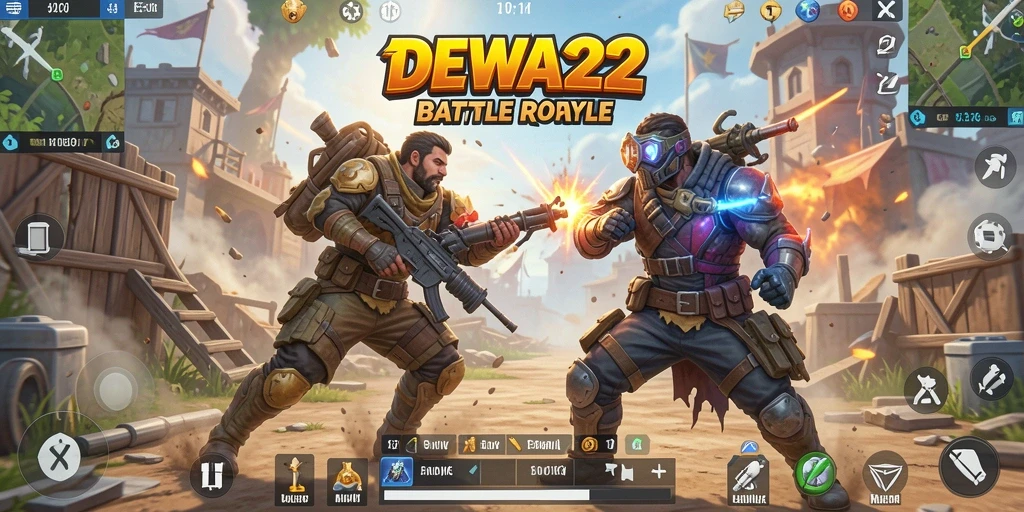 Screenshot gameplay DEWA22 menunjukkan aksi seru pertempuran Battle Royale.