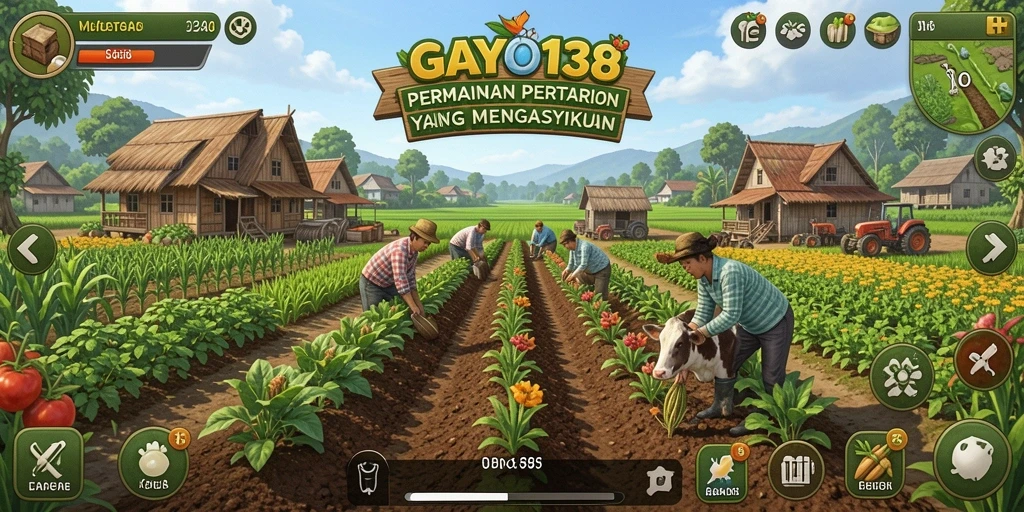 Screenshot utama GAYO138 menampilkan aktivitas bertani yang menyenangkan.
