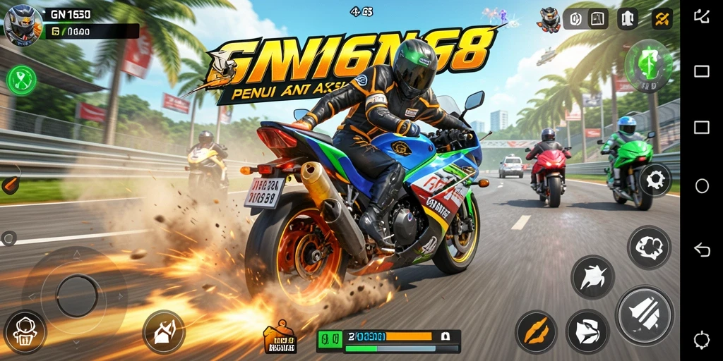 Tampilan gameplay GN168 yang mendebarkan saat balapan motor.