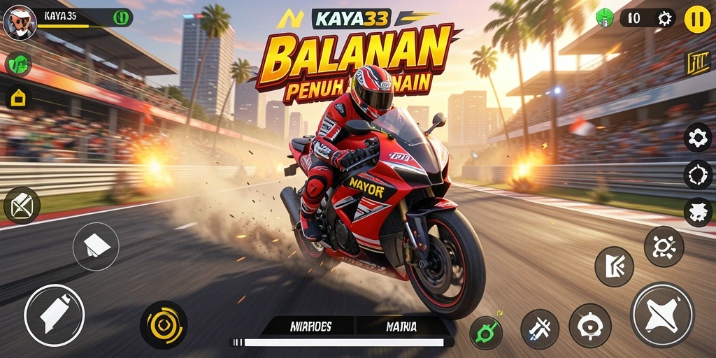 Screenshot gameplay KAYA33 yang menunjukkan balapan motor yang mendebarkan.