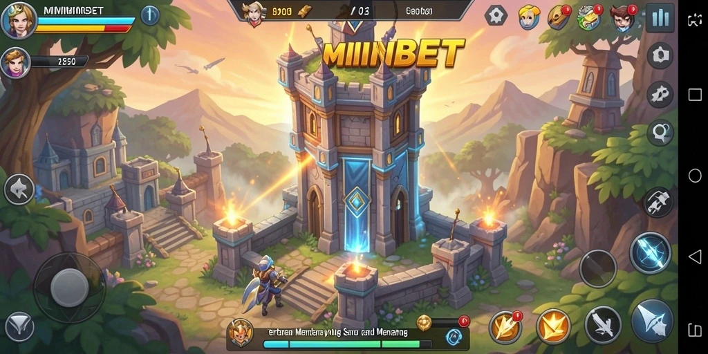 Gameplay seru MIMINBET menunjukkan menara bertahan dari serangan musuh.
