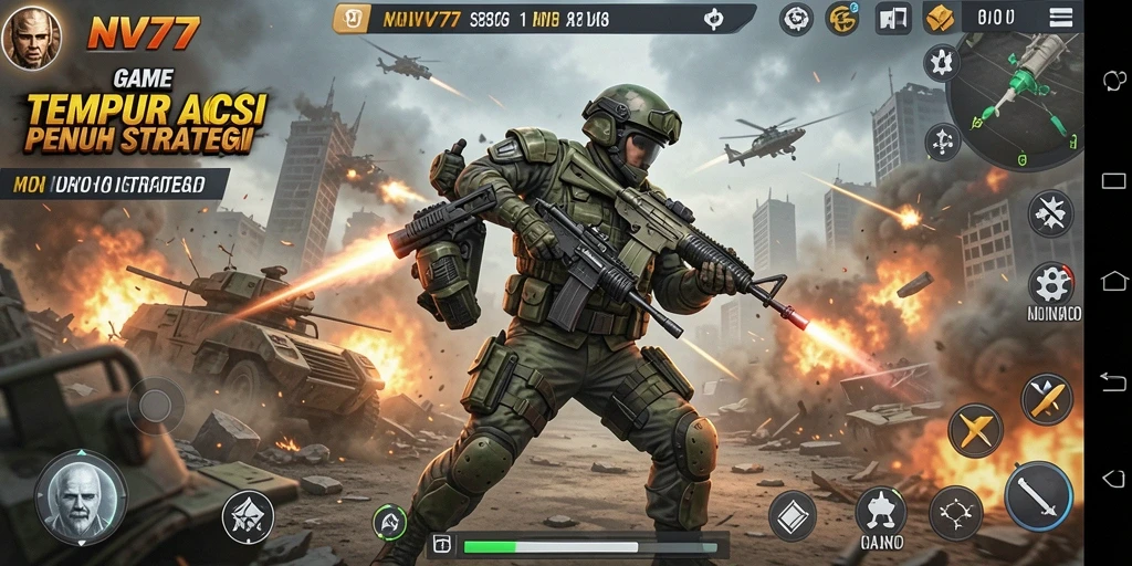 Tampilan utama gameplay NV77 menampilkan aksi pertempuran seru dan dinamis.